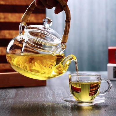 Théière en verre claire de café/thé avec la protection en bambou de choc thermique de poignée fournisseur