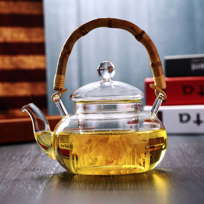 Théière en verre claire de café/thé avec la protection en bambou de choc thermique de poignée fournisseur